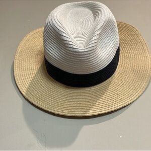 Ann Taylor Raffia Natural Navy White Summer Hat